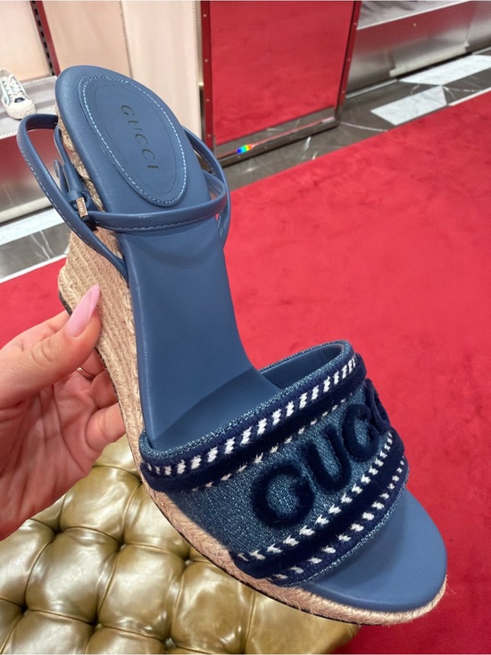 Gucci Shoes - Gucci Navy Blue Embroidered Espadrille Wedge Sandal